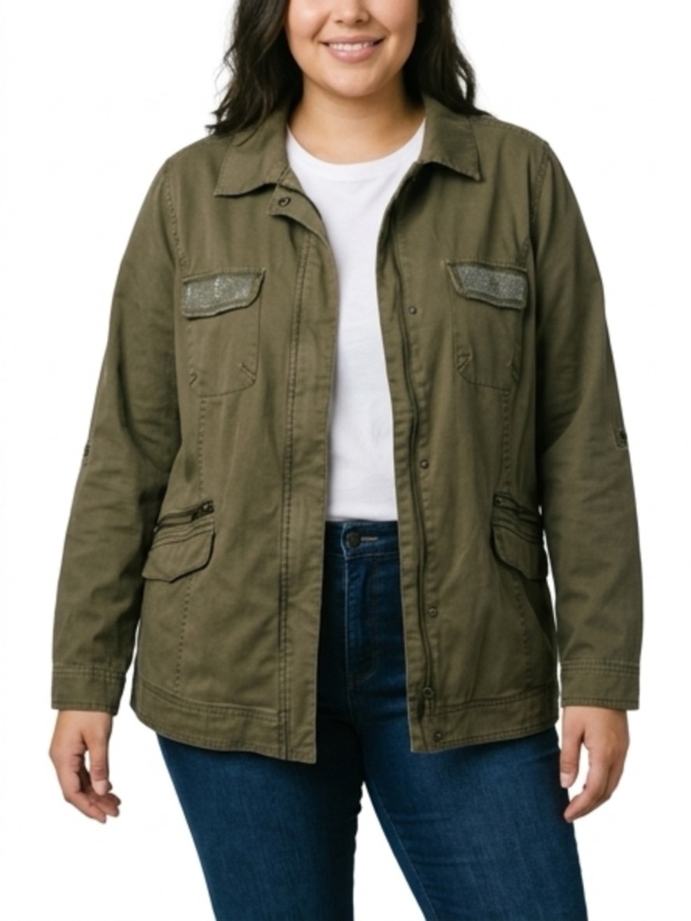 Torrid Olive Army Utility Jacket Rhinestone Embellished Pockets Size 2